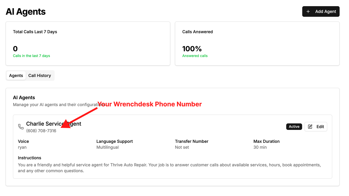 Wrenchdesk.ai UI showing the shop phone number